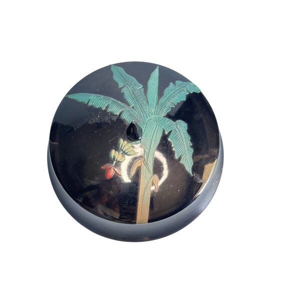 Handcrafted Ryukyu Lacquer Ware Co Black Trinket Box W/Palm Tree Red Interior - Picture 2 of 7